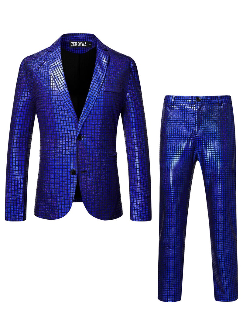 Zeroyaa Men'S 70S Disco Suits Metallic Shiny Sequin Outfits Blazer And Pants Set Dance Party Costume Royal Blue Large - Image 1