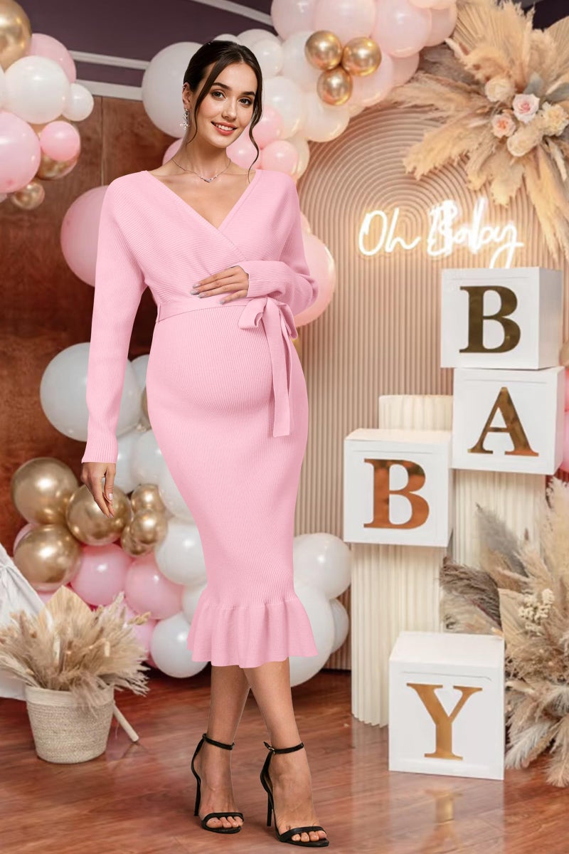 OUGES Maternity Nursing Dress Fall Winter Sweater for Women Wedding Guest Formal Fishtail Dress Gender Reveal Baby Shower Photoshoot Bow Tie Pregnancy Must Haves Clothes Outfits(Pink,S) - Image 3