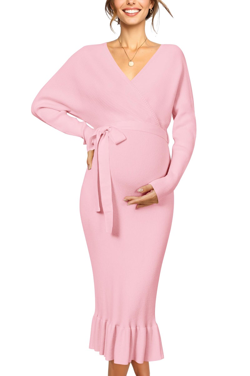 OUGES Maternity Nursing Dress Fall Winter Sweater for Women Wedding Guest Formal Fishtail Dress Gender Reveal Baby Shower Photoshoot Bow Tie Pregnancy Must Haves Clothes Outfits(Pink,S) - Image 1