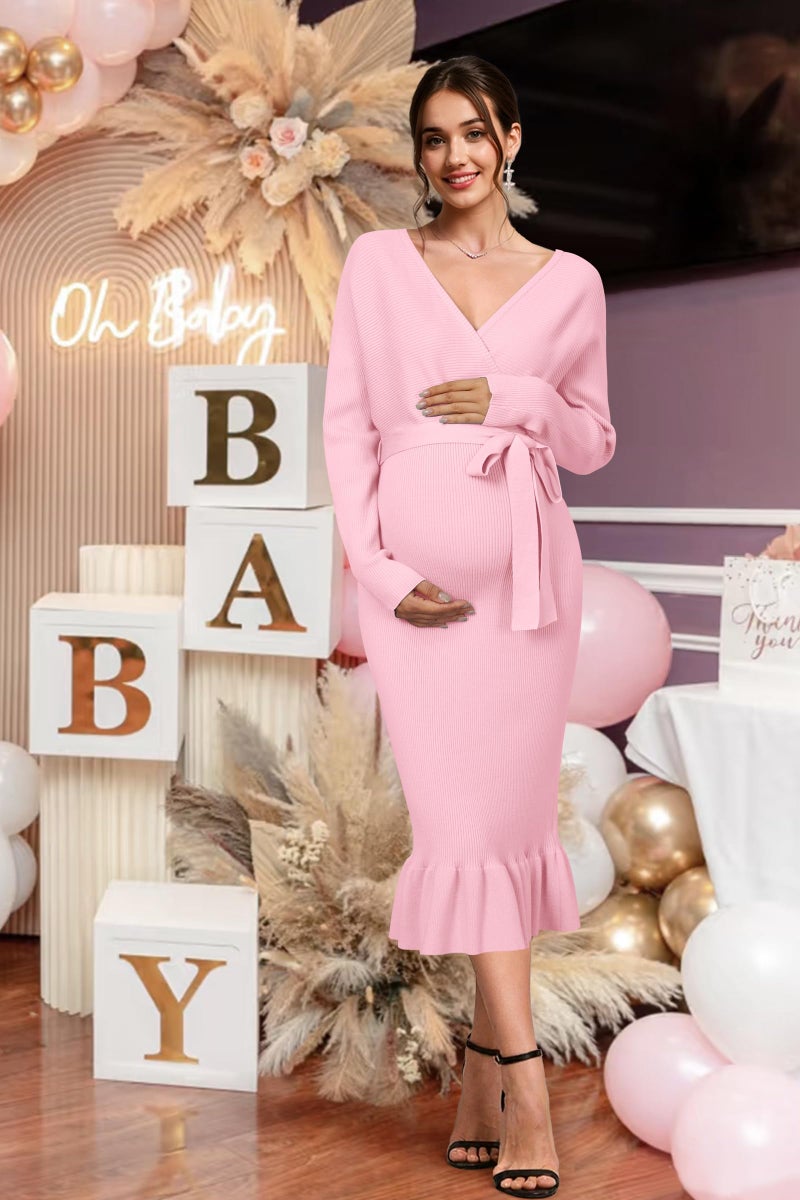 OUGES Maternity Nursing Dress Fall Winter Sweater for Women Wedding Guest Formal Fishtail Dress Gender Reveal Baby Shower Photoshoot Bow Tie Pregnancy Must Haves Clothes Outfits(Pink,S) - Image 2