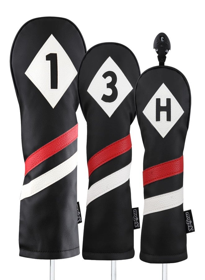 Majek Retro Golf Headcovers Black Red and White Vintage Leather Style 1 3 H Driver Fairway Wood and Hybrid Head Cover Classic Look - Image 1