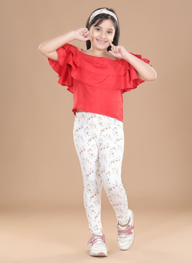StyleStone Girls White Floral Printed Cotton Treggings - Image 4