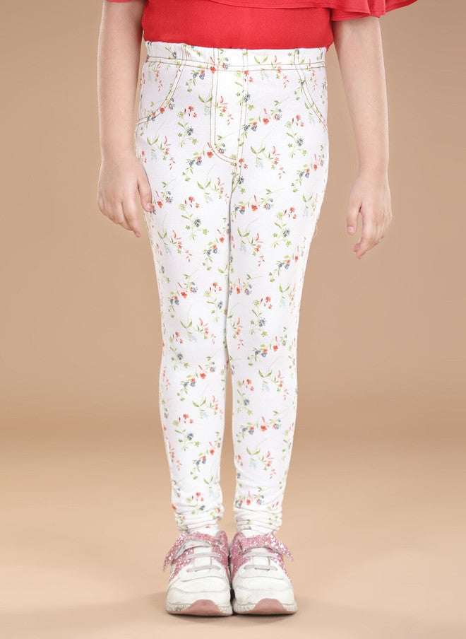 StyleStone Girls White Floral Printed Cotton Treggings - Image 1