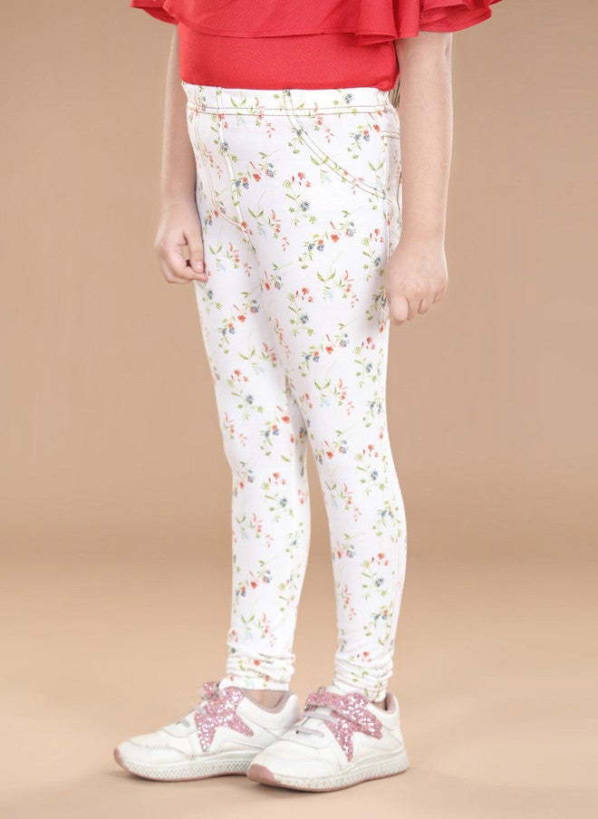 StyleStone Girls White Floral Printed Cotton Treggings - Image 2