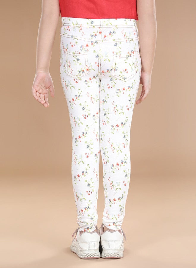 StyleStone Girls White Floral Printed Cotton Treggings - Image 3