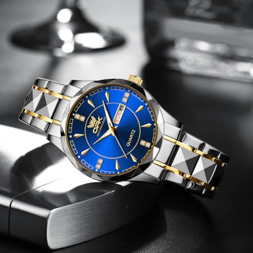 OPK Watch for Men Gold Blue Diamond Business Large Analog Quartz Stainless Steel Day Date Waterproof Luminous Casual Wrist Watches - Image 2