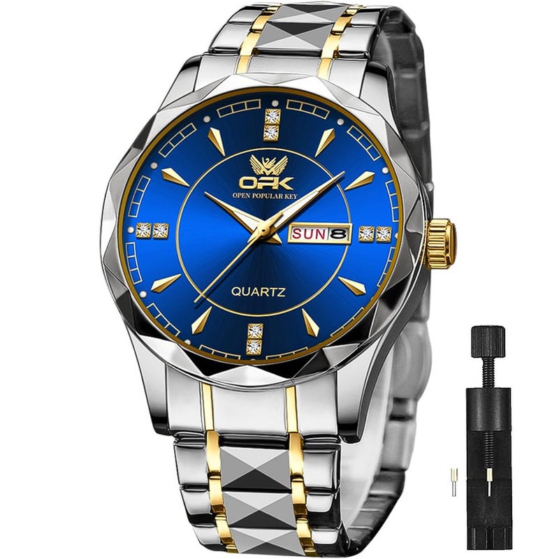 OPK Watch for Men Gold Blue Diamond Business Large Analog Quartz Stainless Steel Day Date Waterproof Luminous Casual Wrist Watches - Image 1