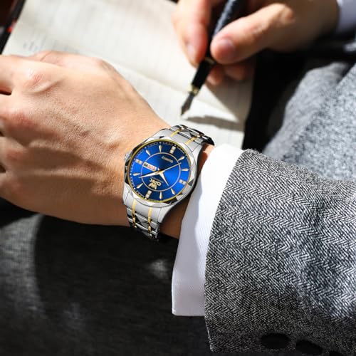 OPK Watch for Men Gold Blue Diamond Business Large Analog Quartz Stainless Steel Day Date Waterproof Luminous Casual Wrist Watches - Image 3