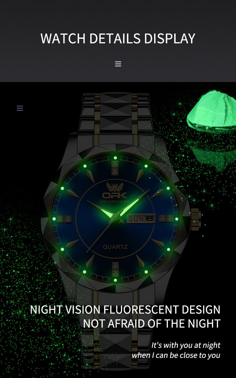 OPK Watch for Men Gold Blue Diamond Business Large Analog Quartz Stainless Steel Day Date Waterproof Luminous Casual Wrist Watches - Image 5