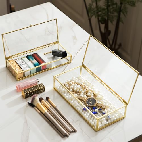 Kendiis Glass Jewelry Box Set 2pcs Vintage Rectangle Gold Keepsake Boxes Lipstick Organizer Box Vanity Lidded Box Home Decor Accent Decorative Box for Storage Trinket Rings Bracelet1 - Image 3