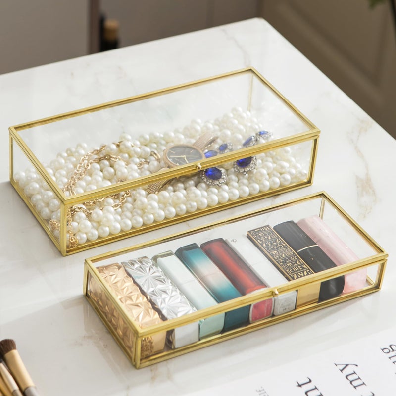 Kendiis Glass Jewelry Box Set 2pcs Vintage Rectangle Gold Keepsake Boxes Lipstick Organizer Box Vanity Lidded Box Home Decor Accent Decorative Box for Storage Trinket Rings Bracelet1 - Image 2