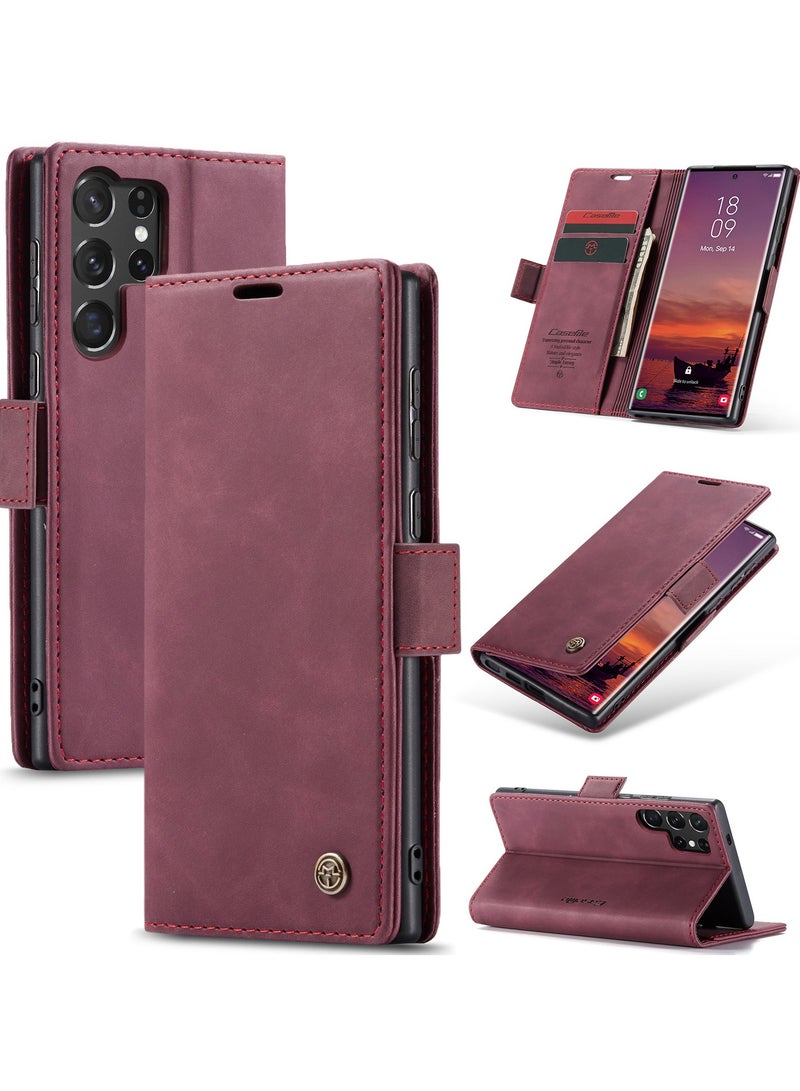CaseMe Phone Case Luxury PU Leather Design 013 Flip Cover Card Slot Holder Cover For Samsung Galaxy S25 Ultra  (Red) - Image 1