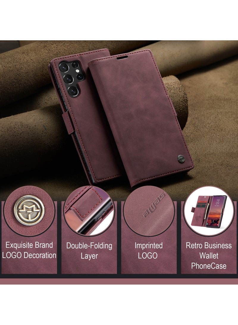 CaseMe Phone Case Luxury PU Leather Design 013 Flip Cover Card Slot Holder Cover For Samsung Galaxy S25 Ultra  (Red) - Image 4