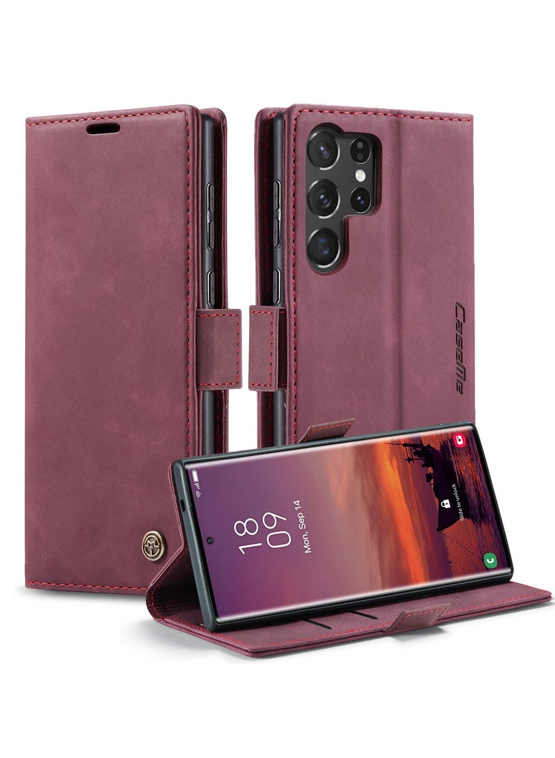 CaseMe Phone Case Luxury PU Leather Design 013 Flip Cover Card Slot Holder Cover For Samsung Galaxy S25 Ultra  (Red) - Image 2