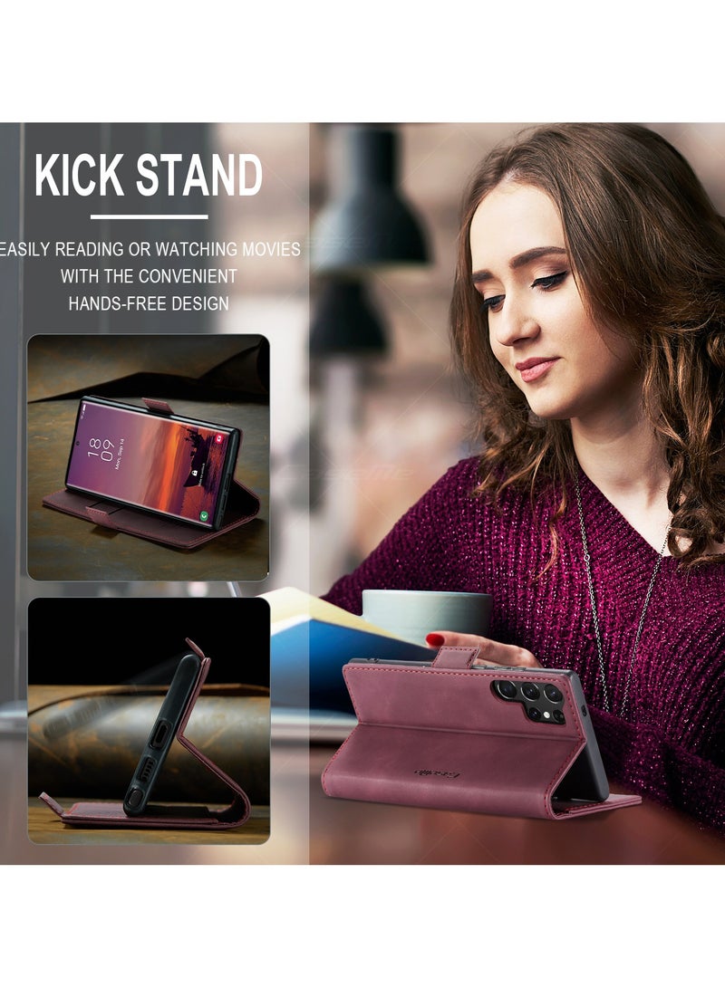 CaseMe Phone Case Luxury PU Leather Design 013 Flip Cover Card Slot Holder Cover For Samsung Galaxy S25 Ultra  (Red) - Image 3