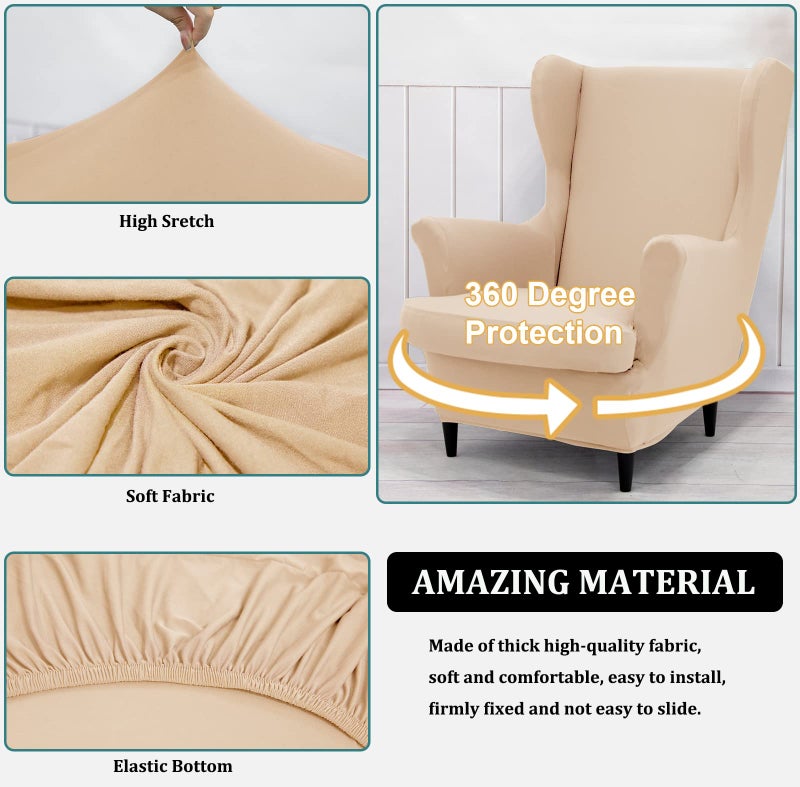 NILUOH Wingback Chair Cover 2-Piece Soft Stretch Wing Chair Slipcover Solid Color Armchair Sofa Couch Cover Furniture Protector with Elastic Bottom for Living Room Bedroom (White) - Image 2