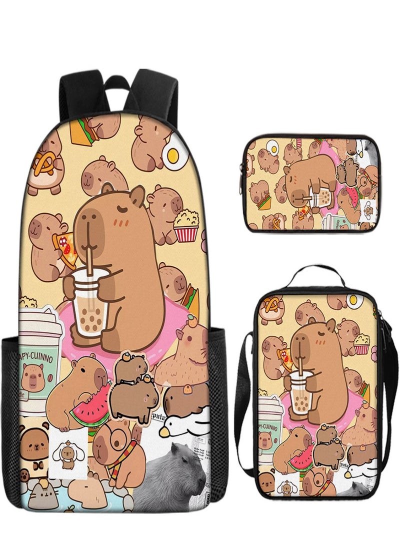 Capybara Children Backpack Schoolbag Teen Student School Book bag with Lunch Box Pen Case 3 in 1 for Kids