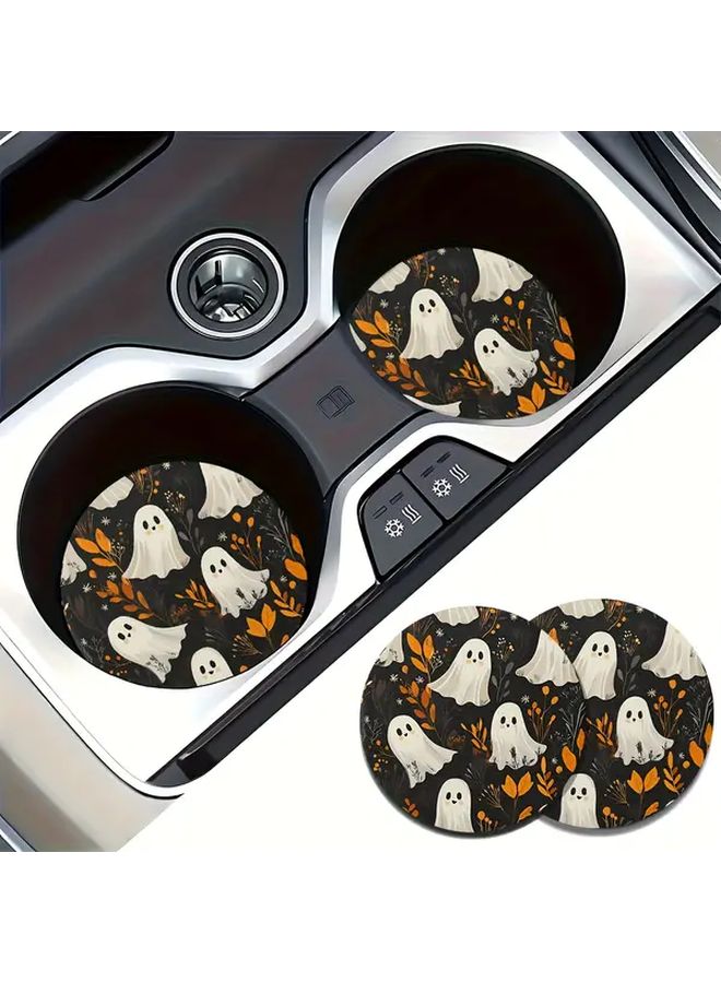 قطعتان من حاملات الأكواب غير القابلة للانزلاق لهالووين على شكل شبح، مصنوعة من المطاط الثقيل، ديكور داخلي للسيارة، هدية قيادة احتفالية - Image 1