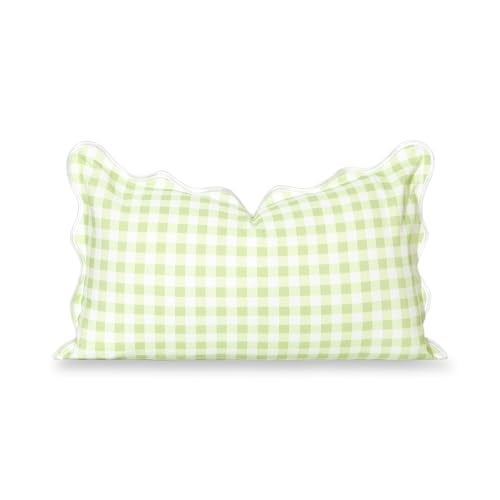 Hofdeco Premium Grandmillennial Coastal Hampton Patio Indoor Outdoor Lumbar Pillow Cover Only 12x20 Water Repellent for Backyard Couch Poolside Grass Green Print Gingham - Image 1