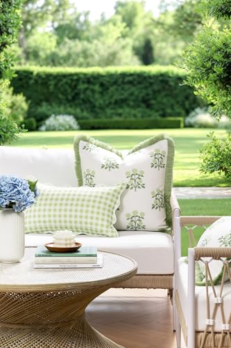 Hofdeco Premium Grandmillennial Coastal Hampton Patio Indoor Outdoor Lumbar Pillow Cover Only 12x20 Water Repellent for Backyard Couch Poolside Grass Green Print Gingham - Image 3
