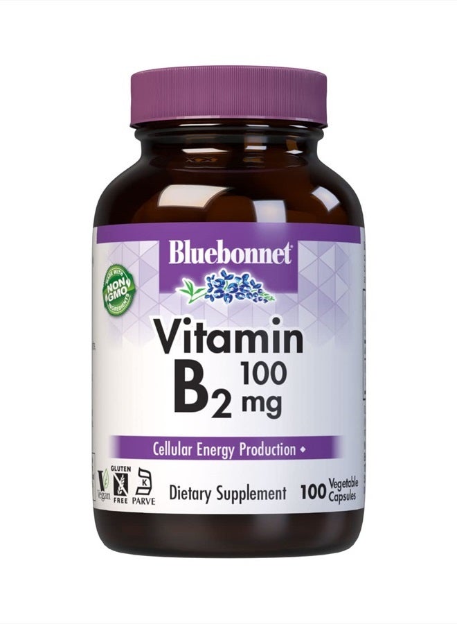 Bluebonnet Nutrition Vitamin B2 100 mg, For Cardiovascular and Nervous System Health, Soy-Free, Gluten-Free, Kosher Certified, Dairy-Free, Vegan, Non-GMO, 100 Vegetable Capsules, 100 Servings - Image 1