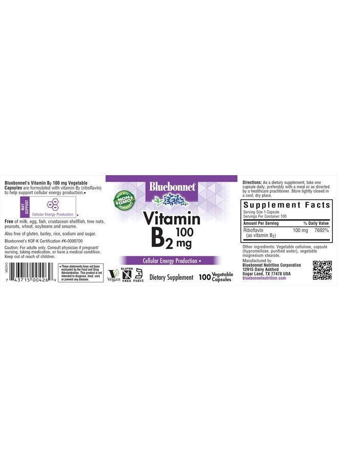 Bluebonnet Nutrition Vitamin B2 100 mg, For Cardiovascular and Nervous System Health, Soy-Free, Gluten-Free, Kosher Certified, Dairy-Free, Vegan, Non-GMO, 100 Vegetable Capsules, 100 Servings - Image 2