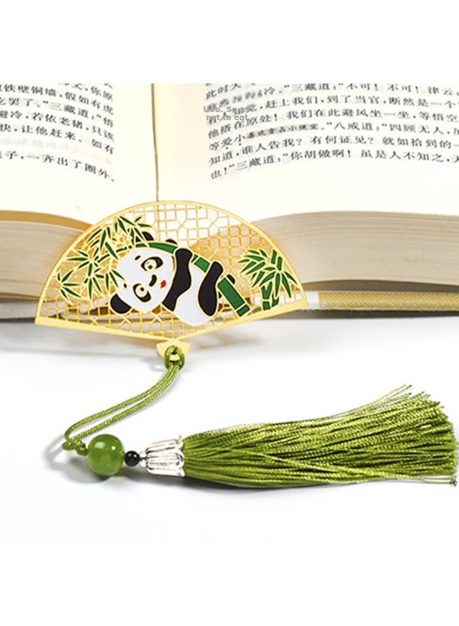 For Shine Fenshang Folding Fan Panda Bookmark Cute Creative Metal Hollow Brass Plated Color Chinese Style Student Reading Page Clip Simple Literary Tassel Birthday Gift 7.2Cm*4.2Cm Souvenir - Image 2