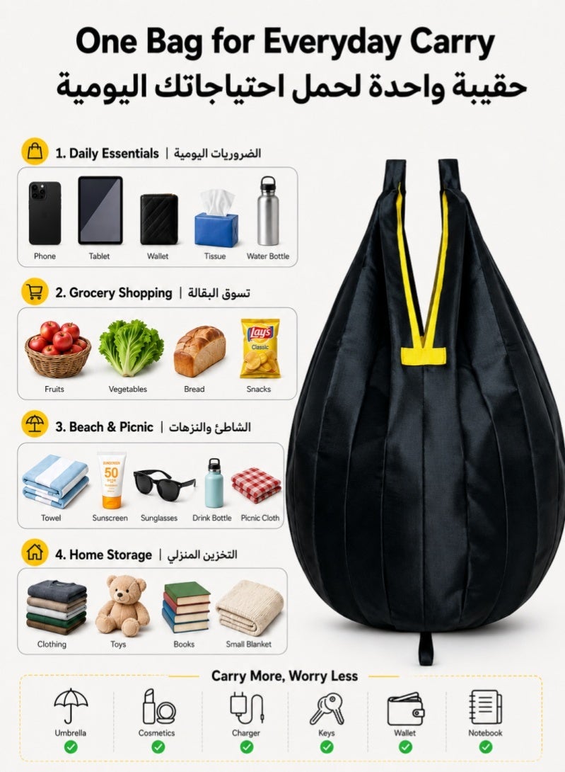 ZAFRA Foldable Reusable Grocery Shopping Bag, Large Capacity Lightweight Washable Shopping Tote for Daily Use, Beach Trips, Gym, Travel, Black - Image 1