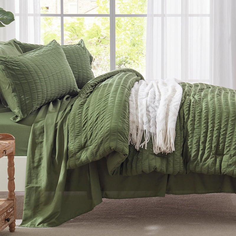 Zzlpp Twin Comforter Set 5 Pieces, Olive Green Seersucker Bed in a Bag with Comforter and Sheets, All Season Bedding Sets with 1 Comforter, 1 Pillow Sham, 1 Pillowcase, 1 Flat Sheet, 1 Fitted Sheet - Image 3