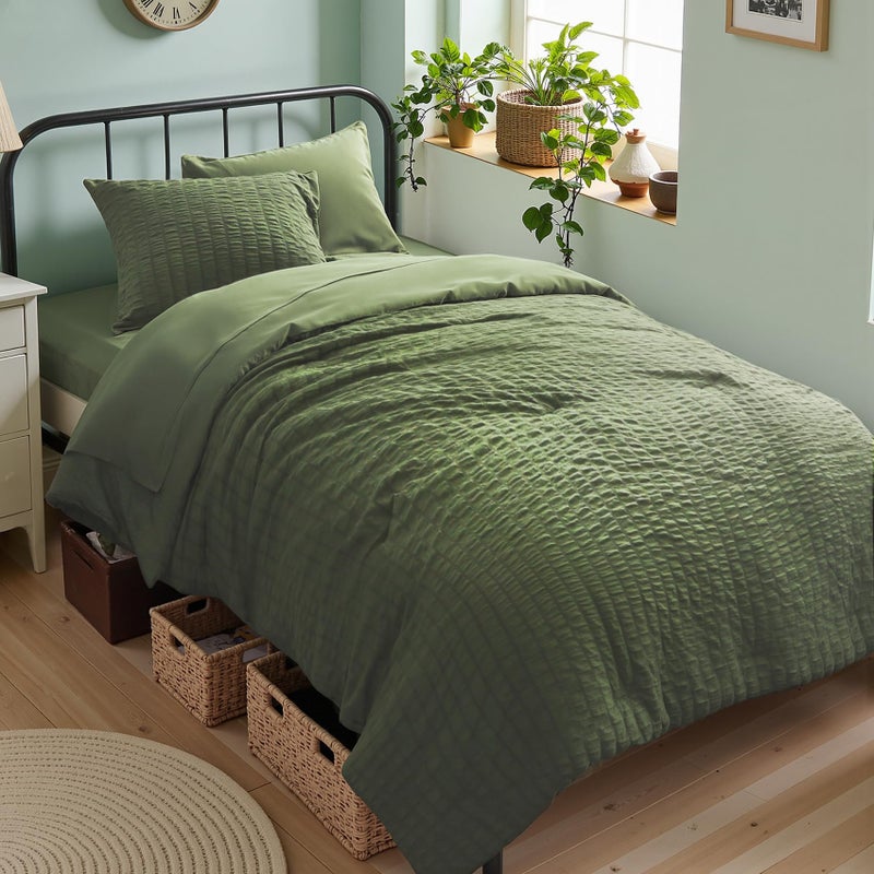 Zzlpp Twin Comforter Set 5 Pieces, Olive Green Seersucker Bed in a Bag with Comforter and Sheets, All Season Bedding Sets with 1 Comforter, 1 Pillow Sham, 1 Pillowcase, 1 Flat Sheet, 1 Fitted Sheet - Image 1