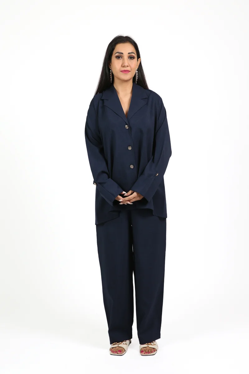 Nikias Nikias Navy blue Soft Fuhwa  Co-ord Set with Coat Collar