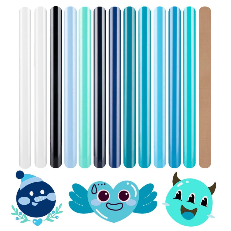 HTVRONT Heat Transfer Vinyl Blue HTV Vinyl - 13 Sheets of Various Blue HTV for Shirts, Turquoise Iron on Vinyl Compatible with Cricut Cutting Machine & Cameo - Image 1