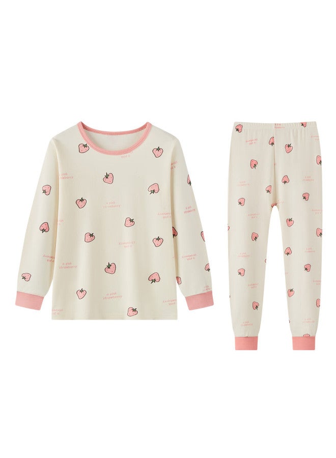 Deesha 7a Antibacterial 40s Compact Spun Girls' Pure Cotton Thermal Underwear Set Autumn Top And Bottom Milk White With Strawberry Print Size 150