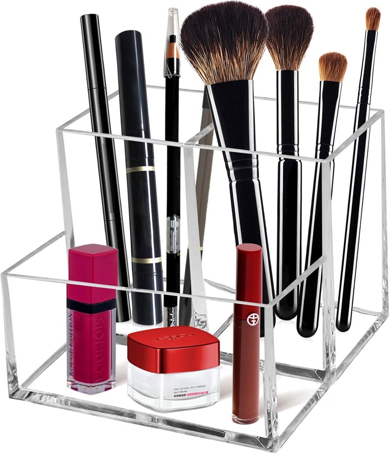 Clear Acrylic Makeup Brush Organizer,Multi-Purpose Cosmetic Brushes Storage Holder with 3 Slots,Pencil Pen Holder for Desk,Desk Organizer and Accessories for Vanity