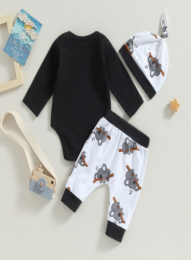 FOMOYUU Newborn Baby Boy Clothes Long Sleeve Romper Koalas Print Coming Home Outfit Bodysuit Pant Set 2PCS for Fall Winter (Black, 12-18 Months) - Image 3