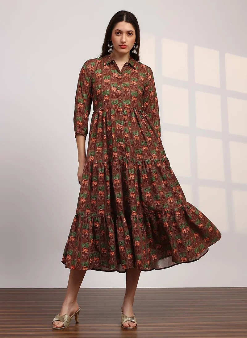 globus Globus Women's Brown Tiered Flared Ethnic Dress with Shirt Collar and Tribal Print