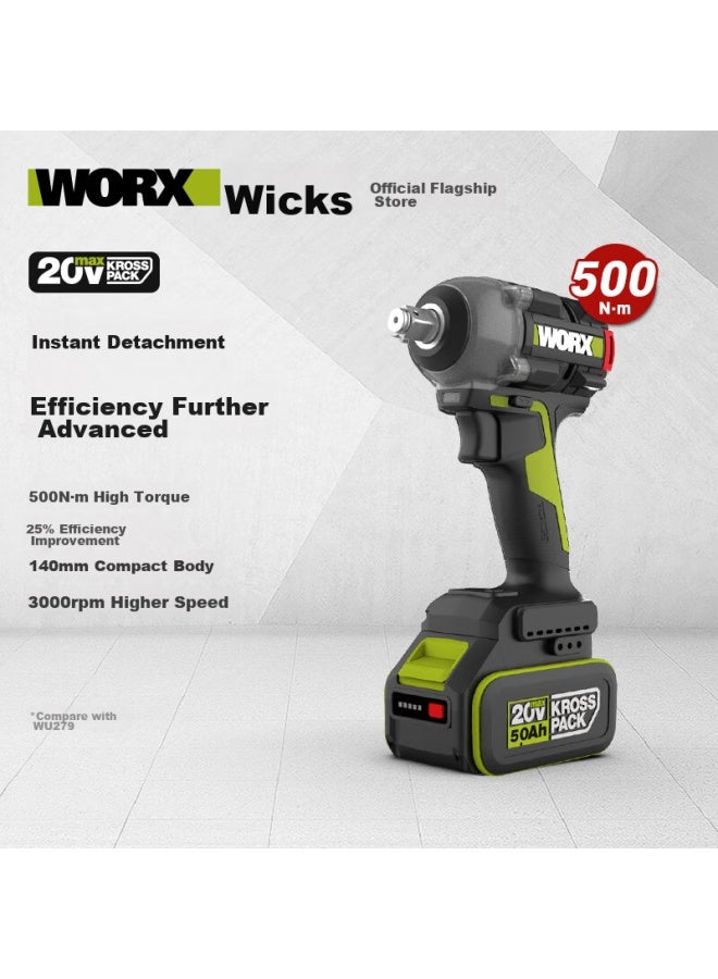 WORX مفتاح كهربائي بدون فرش Worx 20 فولت Wu289 ، مفتاح تأثير عالي العزم ، مفتاح تأثير قابل لإعادة الشحن ، أداة إصلاح السيارات - Image 1