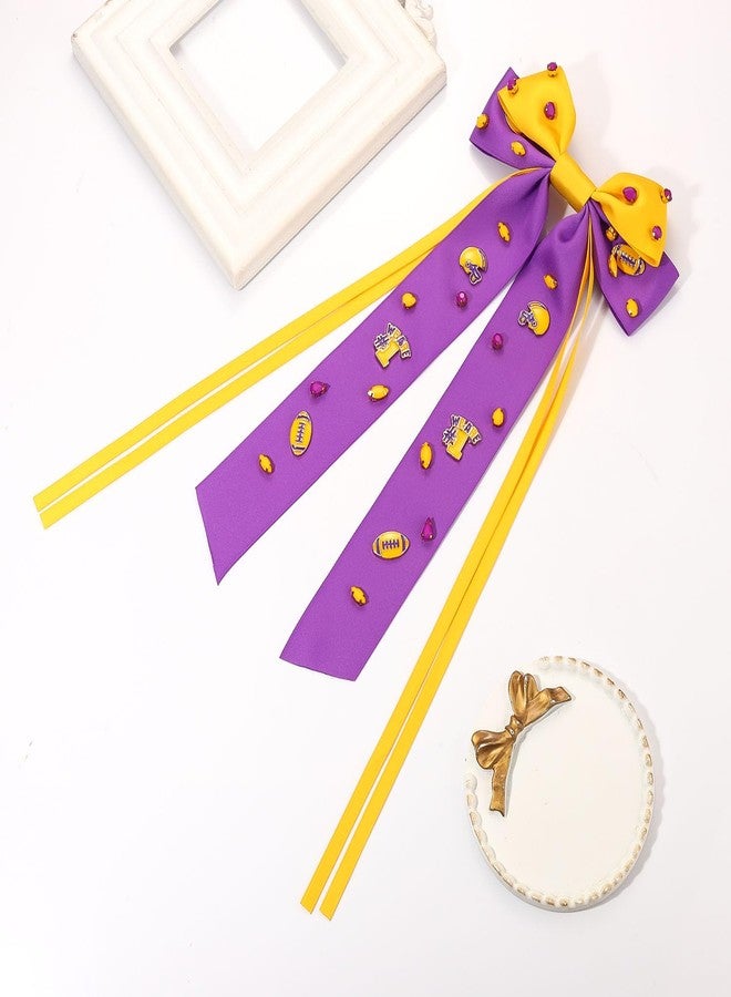 بودرير إكسسوارات كرة القدم من بوديرير، خوذة كرة قدم رقم 1، مشبك شعر على شكل فيونكة من شريط ساتان حريري، إكسسوارات ملابس يوم المباراة لعشاق الرياضة للنساء، بنفسجي وأصفر - Image 3