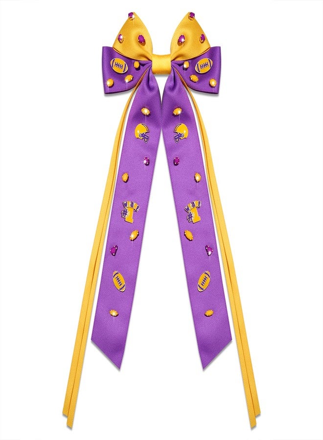 بودرير إكسسوارات كرة القدم من بوديرير، خوذة كرة قدم رقم 1، مشبك شعر على شكل فيونكة من شريط ساتان حريري، إكسسوارات ملابس يوم المباراة لعشاق الرياضة للنساء، بنفسجي وأصفر - Image 1