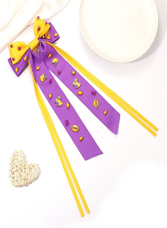 بودرير إكسسوارات كرة القدم من بوديرير، خوذة كرة قدم رقم 1، مشبك شعر على شكل فيونكة من شريط ساتان حريري، إكسسوارات ملابس يوم المباراة لعشاق الرياضة للنساء، بنفسجي وأصفر - Image 2