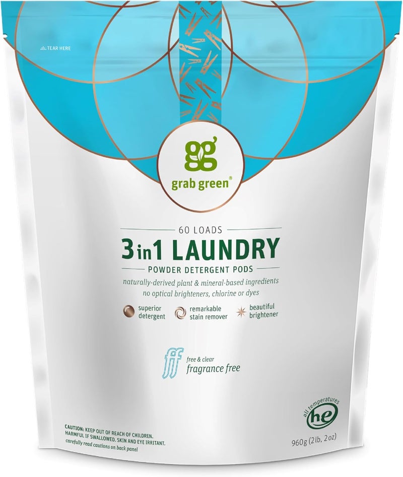 Grab Green 3-in-1 Laundry Detergent Pods, 60 Count - Fragrance Free, Plant and Mineral Based, Superior Cleaning Power, Stain Remover, Brightens Clothes - Image 1
