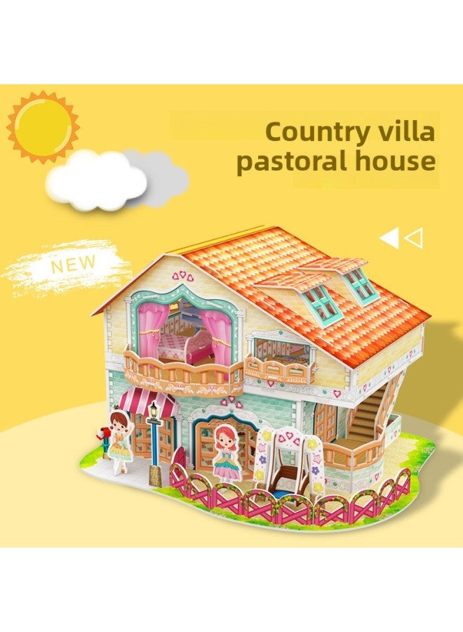 رائجة البيع بيت الدمية فيلا رعوية حلوة الوالدين والطفل كوخ ثلاثي الأبعاد نموذج لغز ألعاب الأطفال-اللون: فيلا رعوية-تغليف باللغة الإنجليزية - Image 4