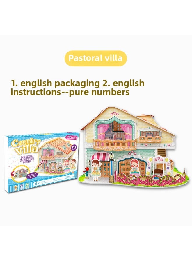 رائجة البيع بيت الدمية فيلا رعوية حلوة الوالدين والطفل كوخ ثلاثي الأبعاد نموذج لغز ألعاب الأطفال-اللون: فيلا رعوية-تغليف باللغة الإنجليزية - Image 1
