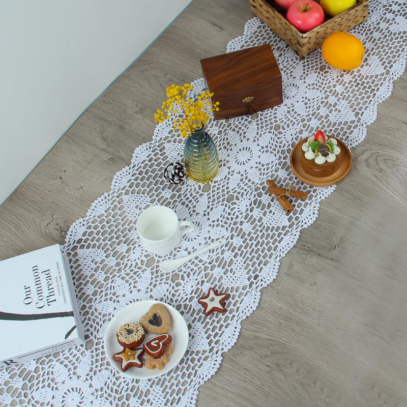 kilofly Handmade Crochet Lace Rectangular Table Runner 15 x 71 Inch, White - Image 3