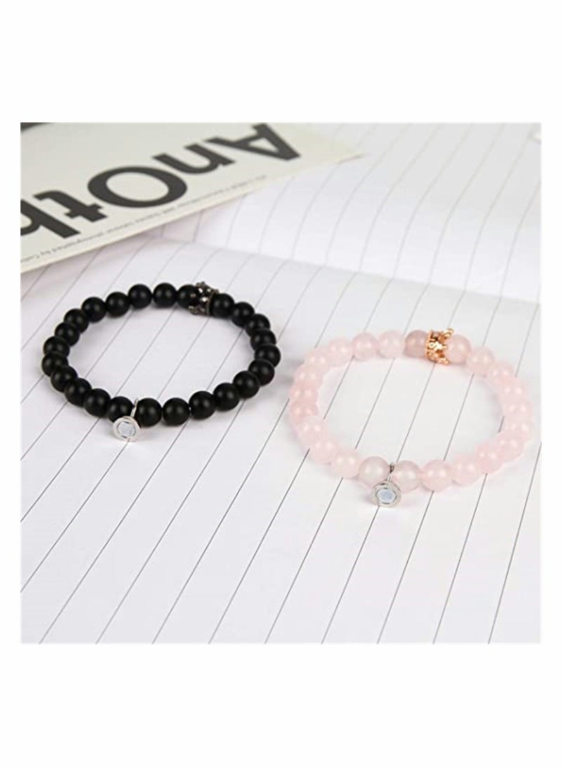SYOSI Magnetic Couple Bracelets, King and Queen Crown Couple Bracelets for Men and Women, Beads Couple Bracelet, Couples Gifts for friend and Best Friend, 2 Pcs, Pink and Black - Image 3