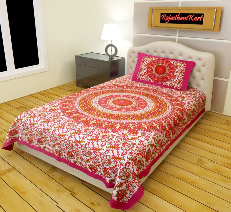 RajasthaniKart® Comfort Rajasthani Jaipuri Traditional Sanganeri Print 144 TC 100% Cotton Single Bedsheet with 1 Pillow Covers (Single, Pink) - Image 1