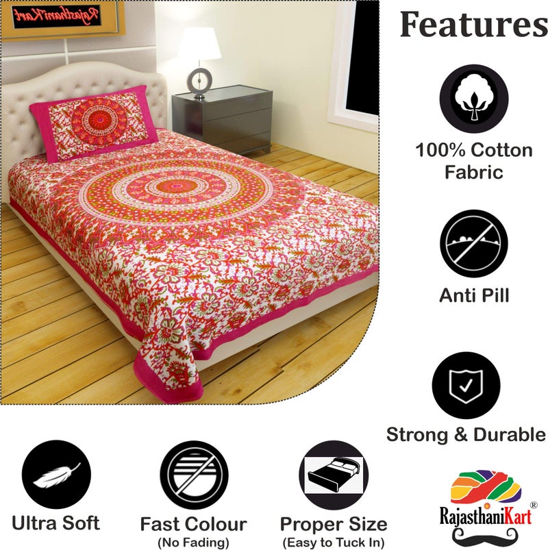 RajasthaniKart® Comfort Rajasthani Jaipuri Traditional Sanganeri Print 144 TC 100% Cotton Single Bedsheet with 1 Pillow Covers (Single, Pink) - Image 3