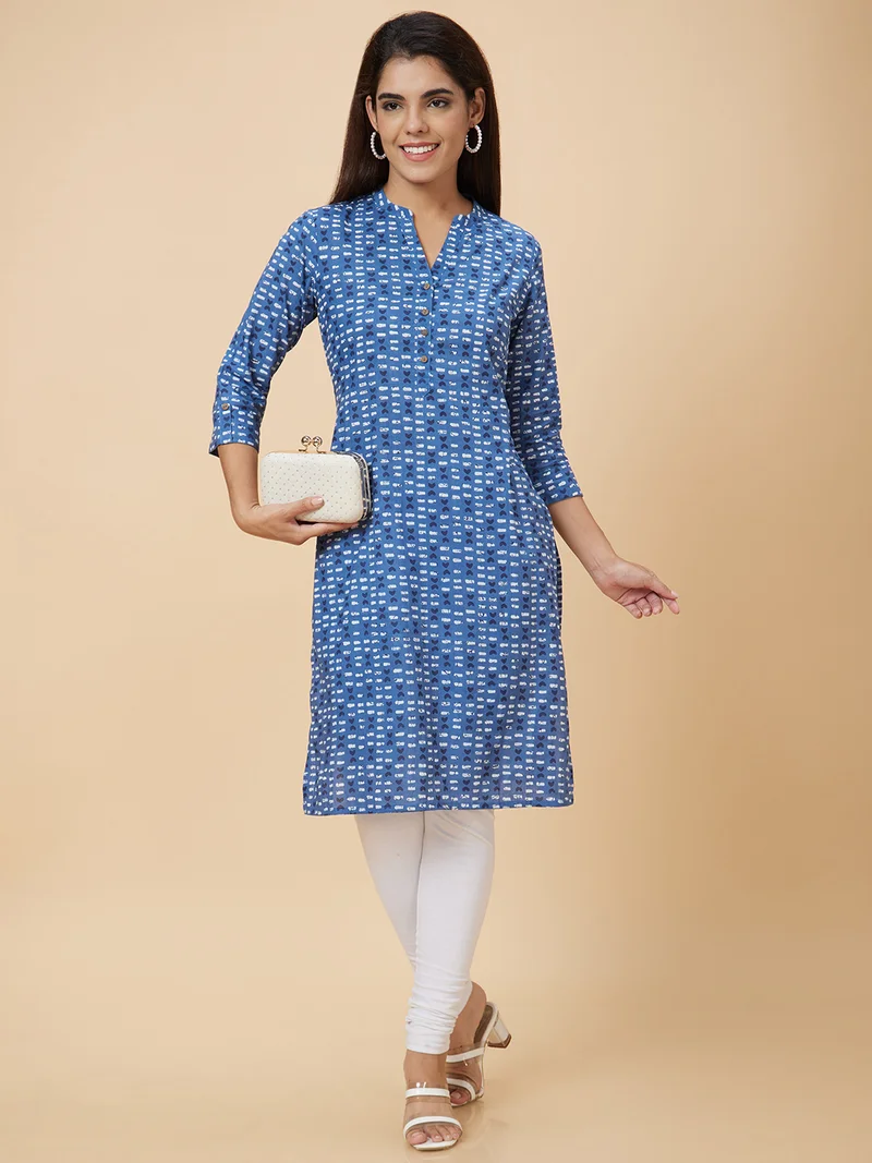 globus Globus Women Mandarin Collar Geometric Print Straight Knee Length Kurta