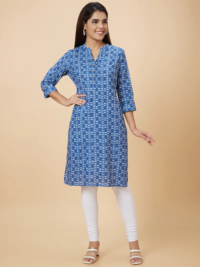 globus Globus Women Mandarin Collar Geometric Print Straight Knee Length Kurta
