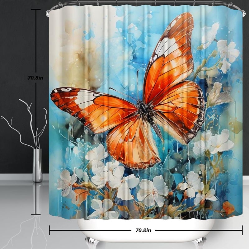 Pretyw 4 Pcs Flower Butterfly Shower Curtain Set with Non-Slip Rug, Toilet Lid Cover and Mat, Colorful Butterfly Shower Curtain with 12 Hooks,Waterproof Fabric Bath Curtain for Bathroom Decor,Blue - Image 3